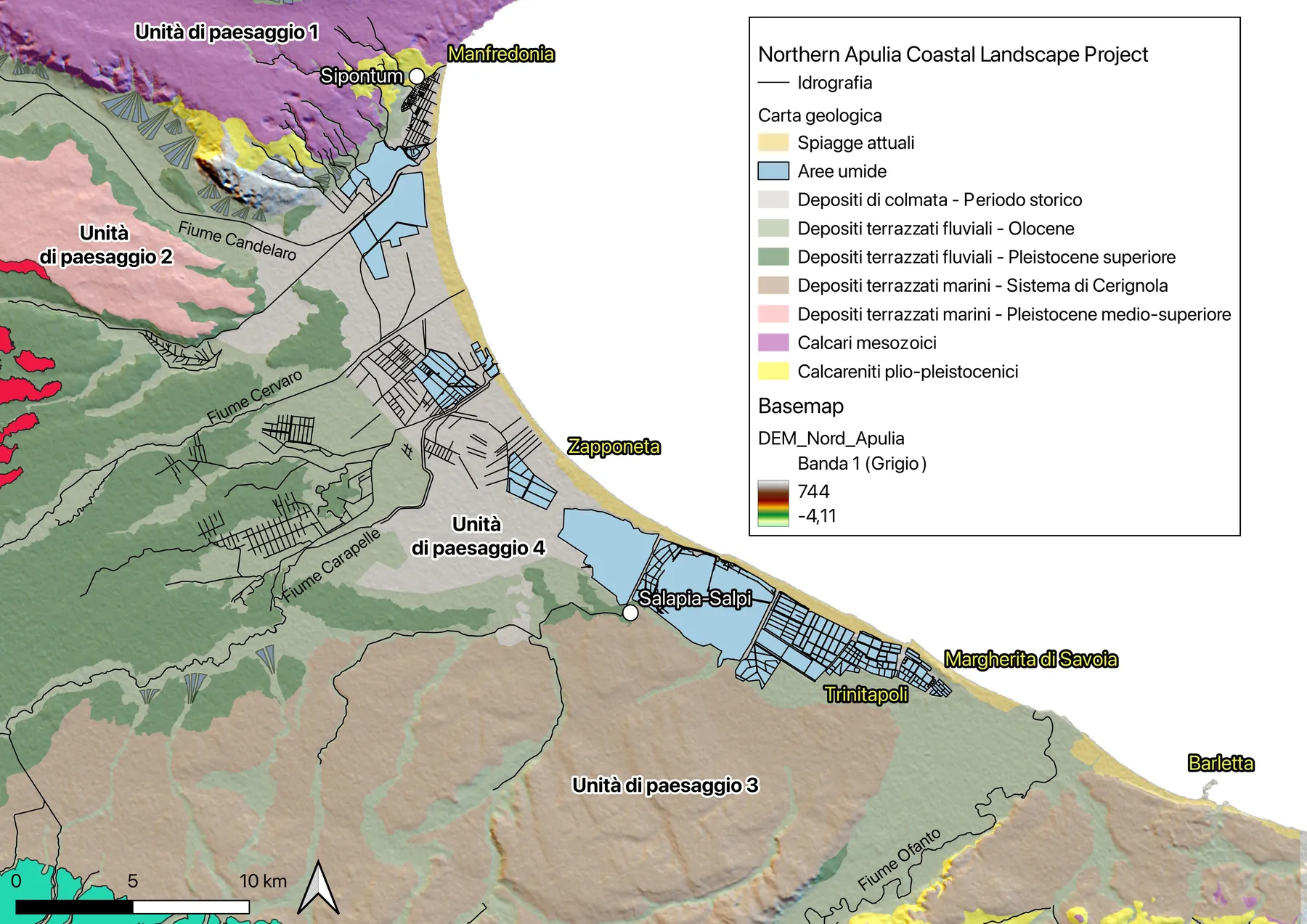 Carta geologica del golfo di Manfredonia da Manfredonia a Barletta, con le quattro unità di paesaggio etichettate: unità 1 sui calcari mesozoici a nord, unità 2 sui depositi terrazzati marini del Pleistocene medio-superiore a ovest, unità 3 sul sistema di Cerignola a sud, unità 4 sulla piana costiera lungo tutto l'arco del golfo.