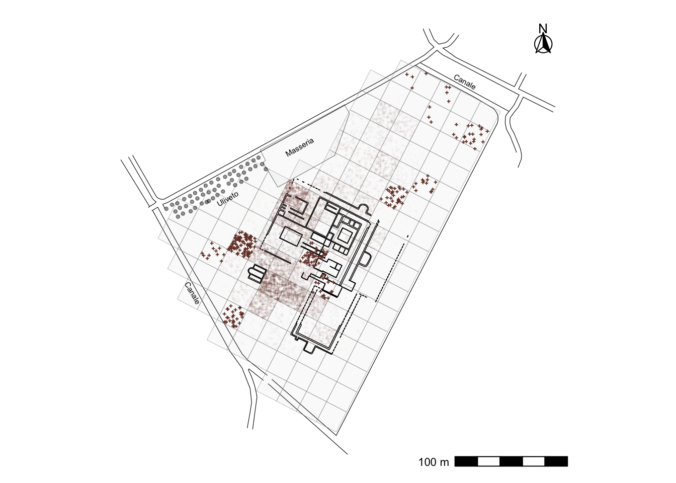 Pianta della villa con la griglia di ricognizione: i punti che rappresentano i reperti ceramici si addensano sui quadrati centrali, in corrispondenza degli ambienti dell'edificio, e si diradano verso i margini del campo.