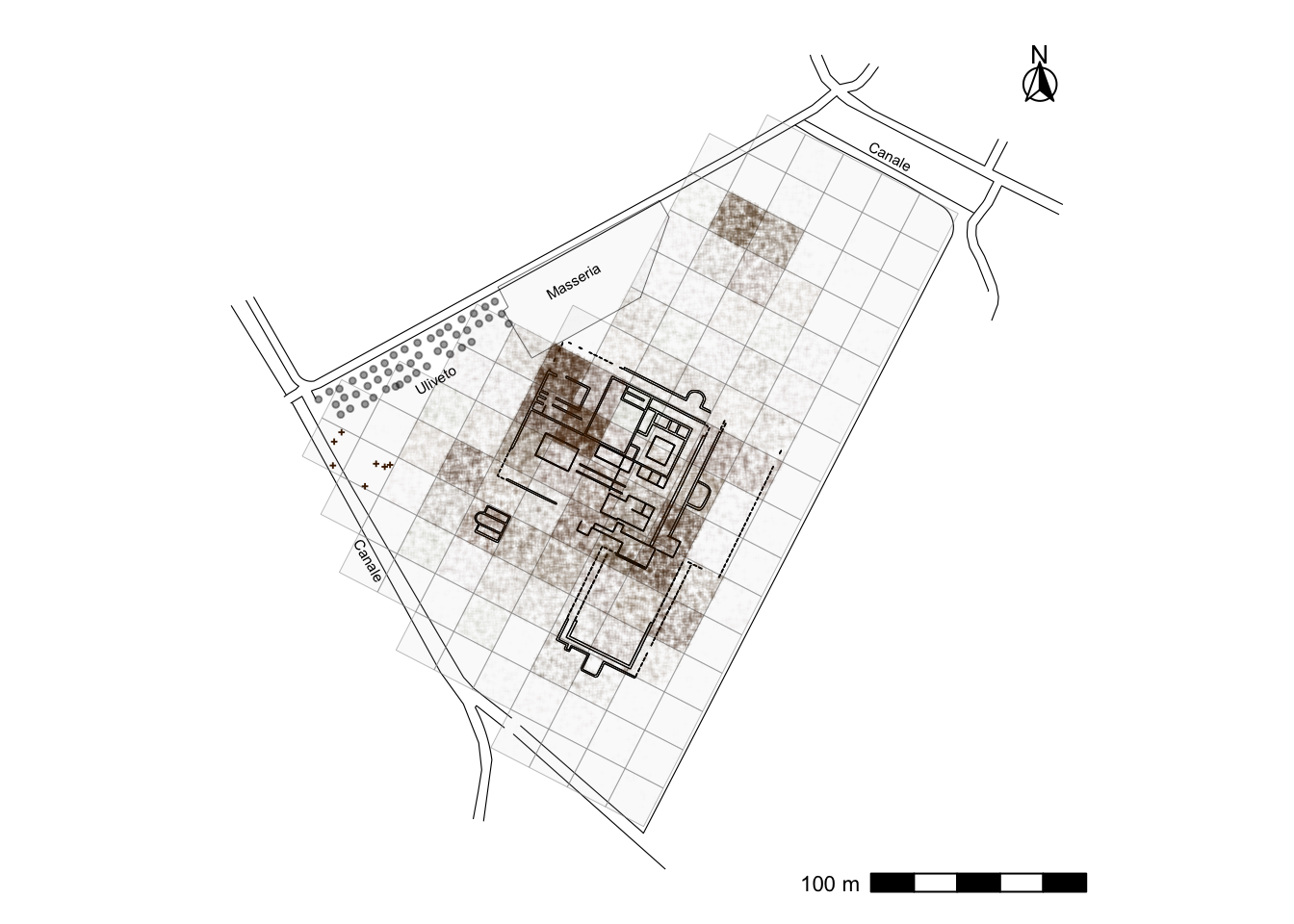Pianta della villa con la griglia di ricognizione: i punti che rappresentano laterizi e tegole coprono l'intera area dell'edificio con densità elevata e uniforme, estendendosi oltre il perimetro delle strutture.