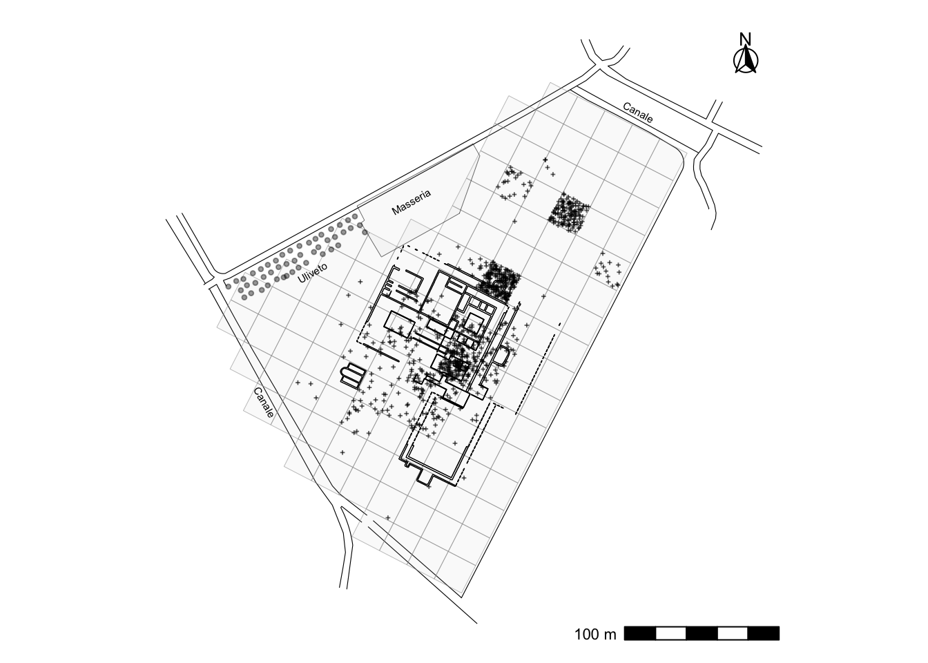 Pianta della villa con la griglia di ricognizione: le tessere musive compaiono in un numero molto limitato di quadrati, raggruppati all'interno del perimetro dell'edificio.